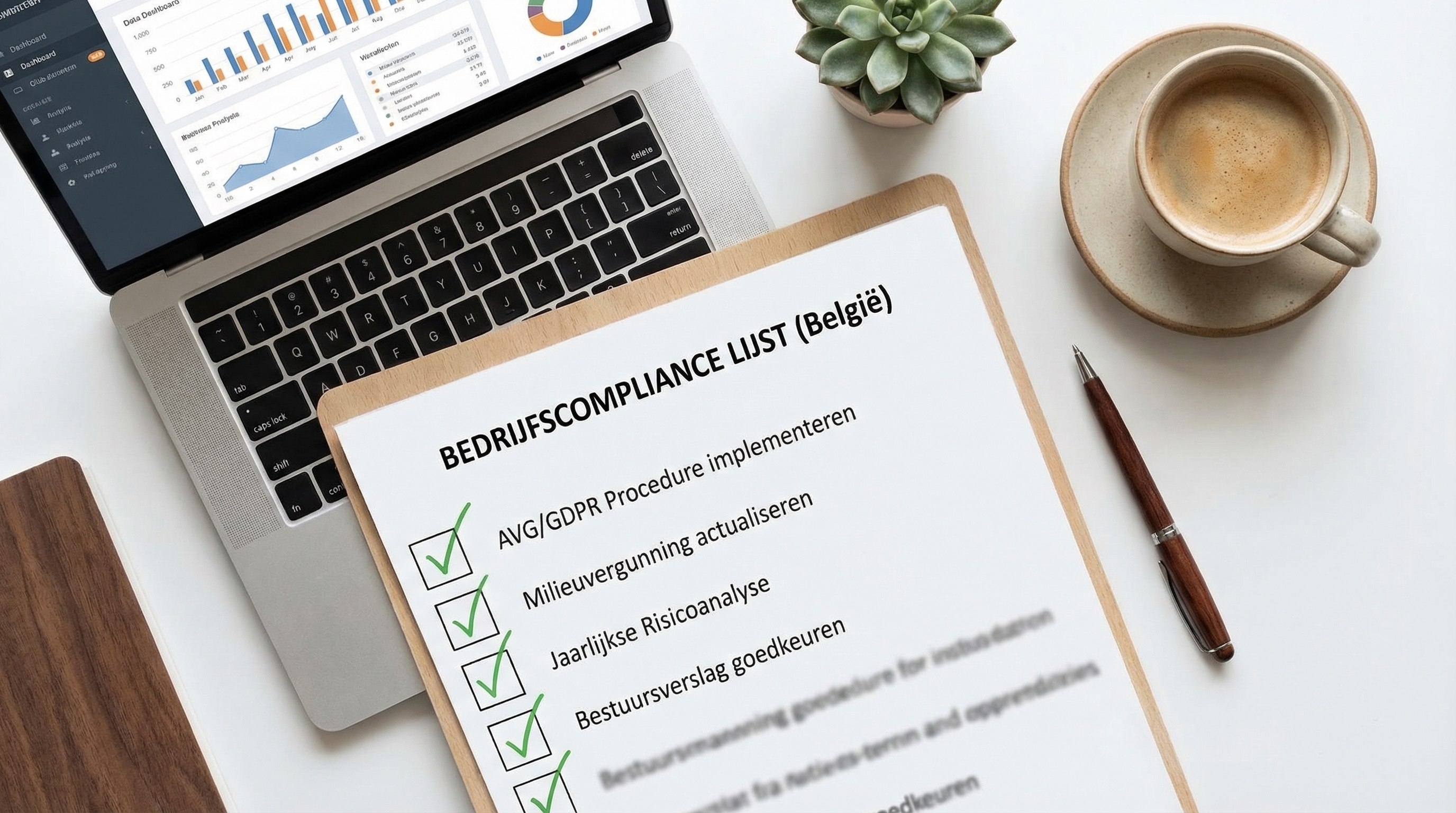 Un employeur v&eacute;rifiant une checklist de conformit&eacute; pour les exigences belges d'enregistrement du temps de travail sur un &eacute;cran d'ordinateur portable