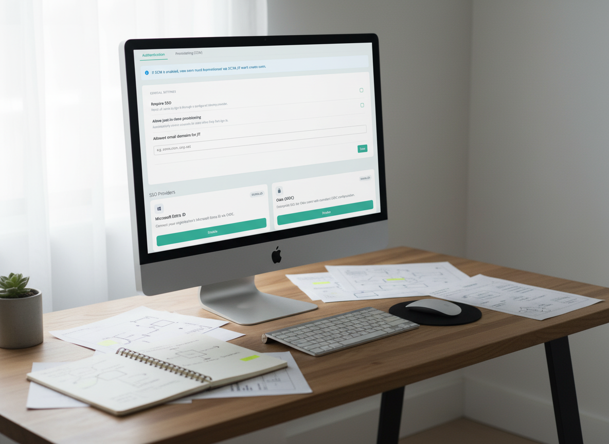 Editorial workspace image showing Temponia enterprise SSO and SCIM controls