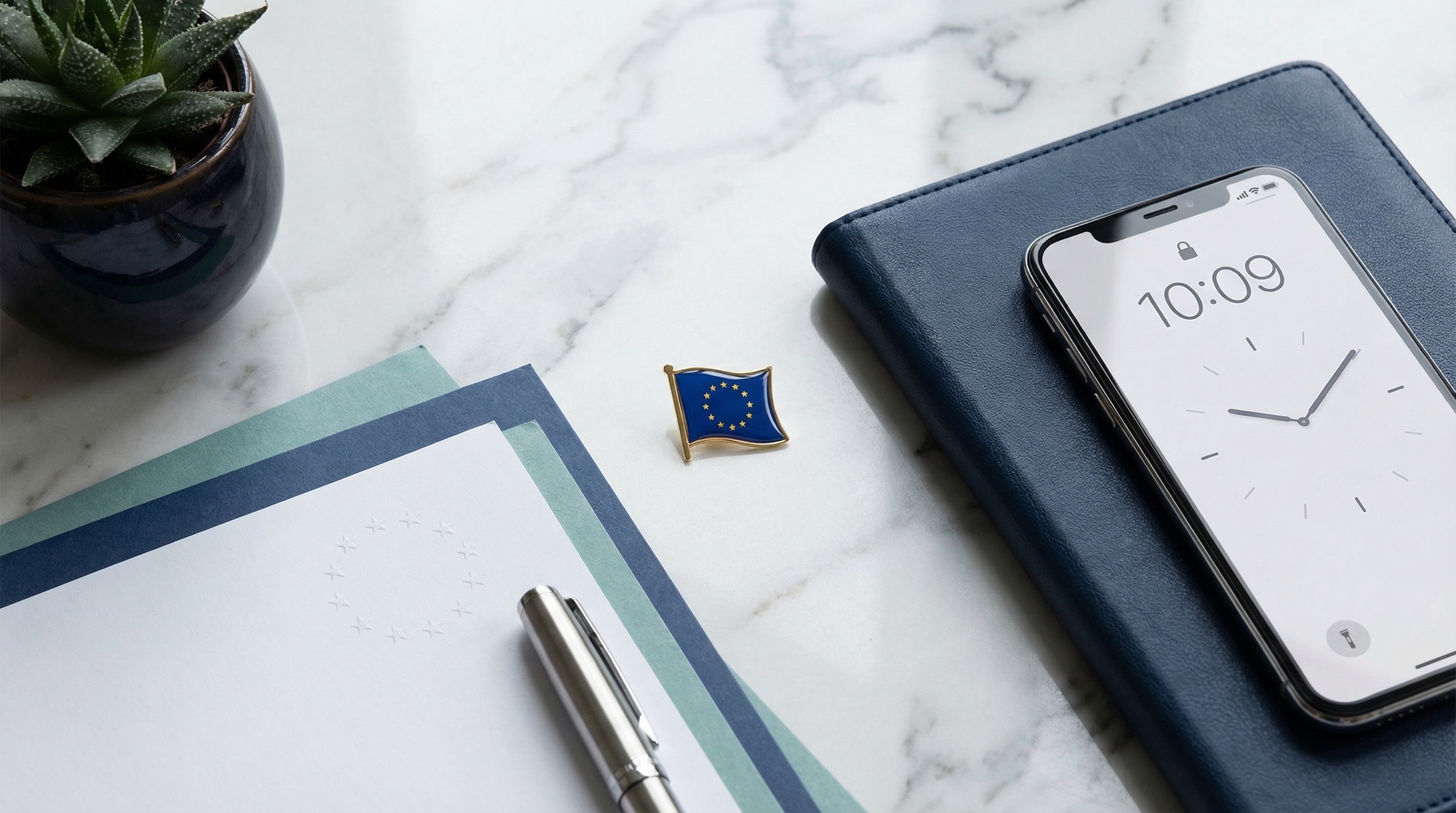 EU flag pin, smartphone with clock, and official documents on a desk