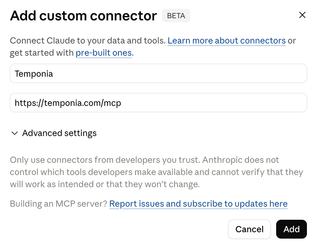 Claude Add custom connector dialog with the name field set to Temponia and the server URL set to https://temponia.com/mcp