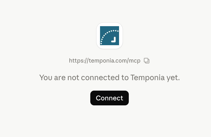 Temponia custom connector card inside Claude with a Connect button before the user has signed in