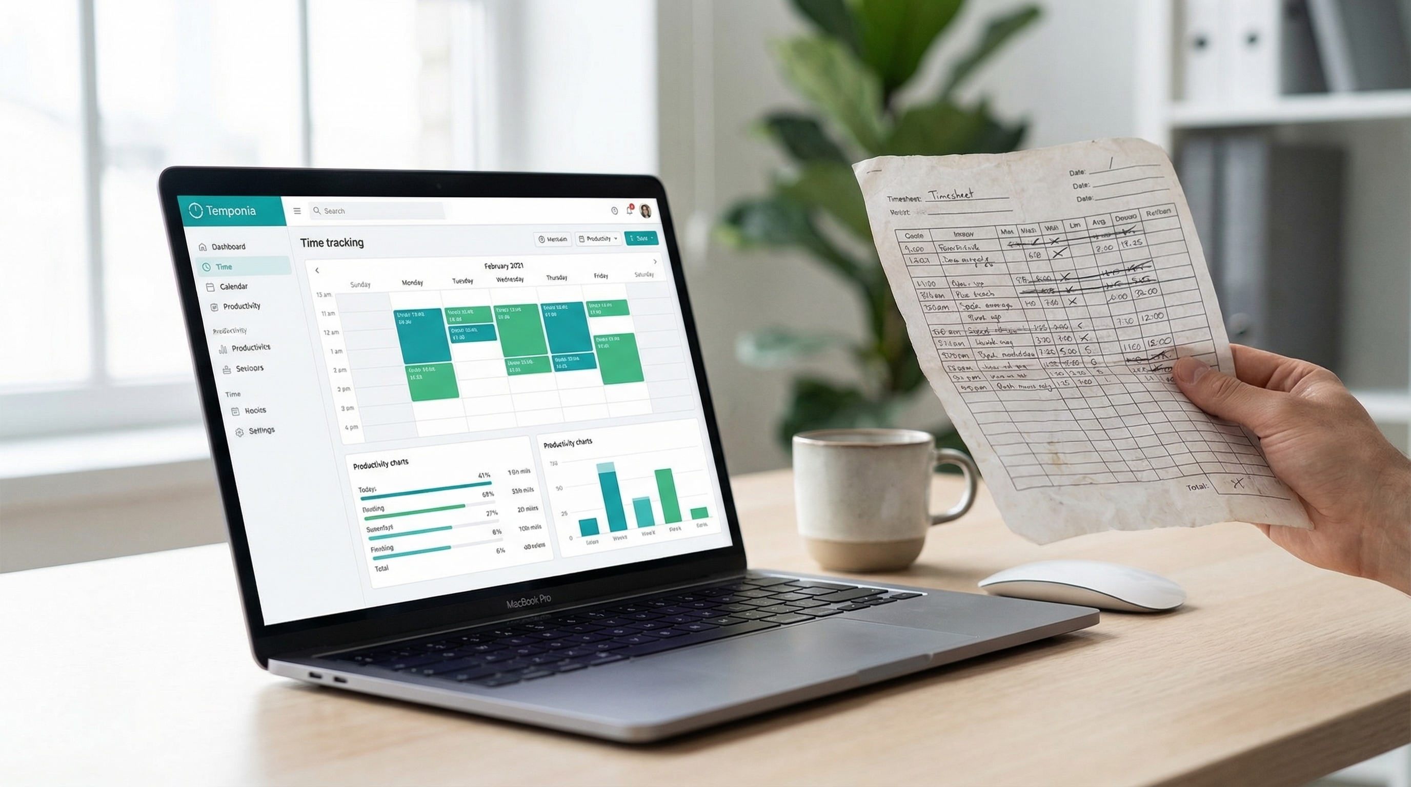 A clean, modern time tracking interface on a laptop and smartphone, showing a weekly calendar view with logged hours