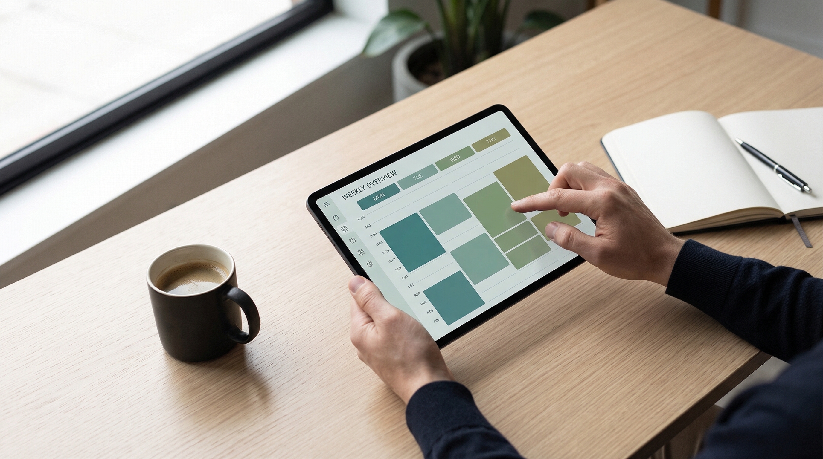 Person using a time tracking app on a tablet, reviewing a weekly schedule with color-coded time blocks