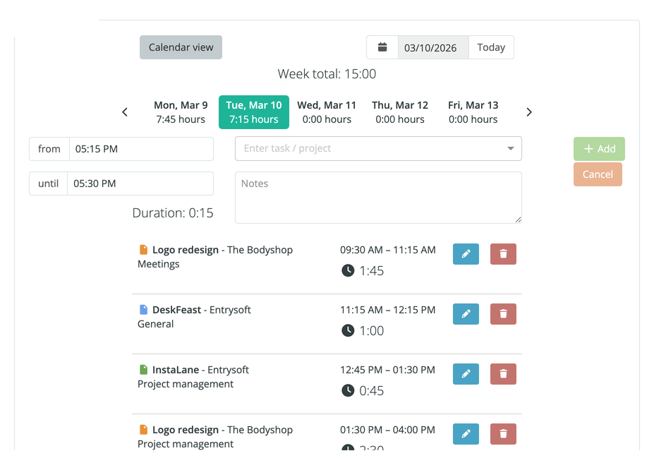 Timesheet entry through table
