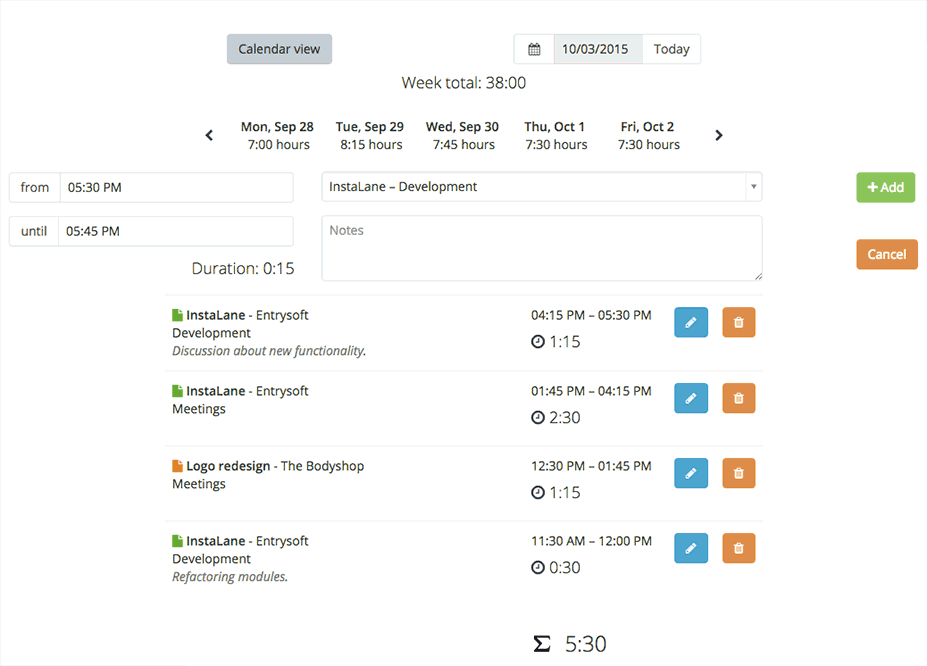 Timesheet entry through table