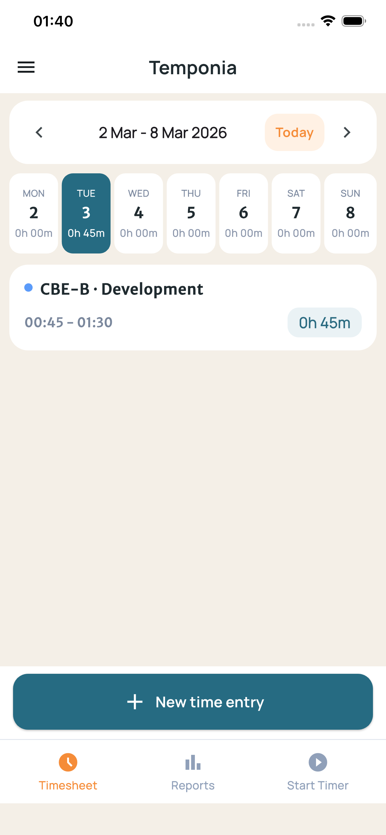 Temponia mobile app showing a timesheet view