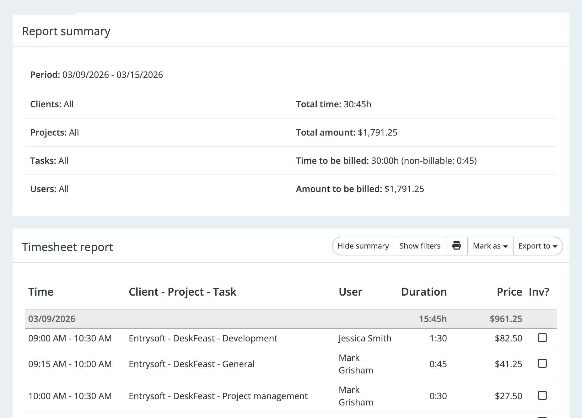 Temponia reports overview for project profitability analysis