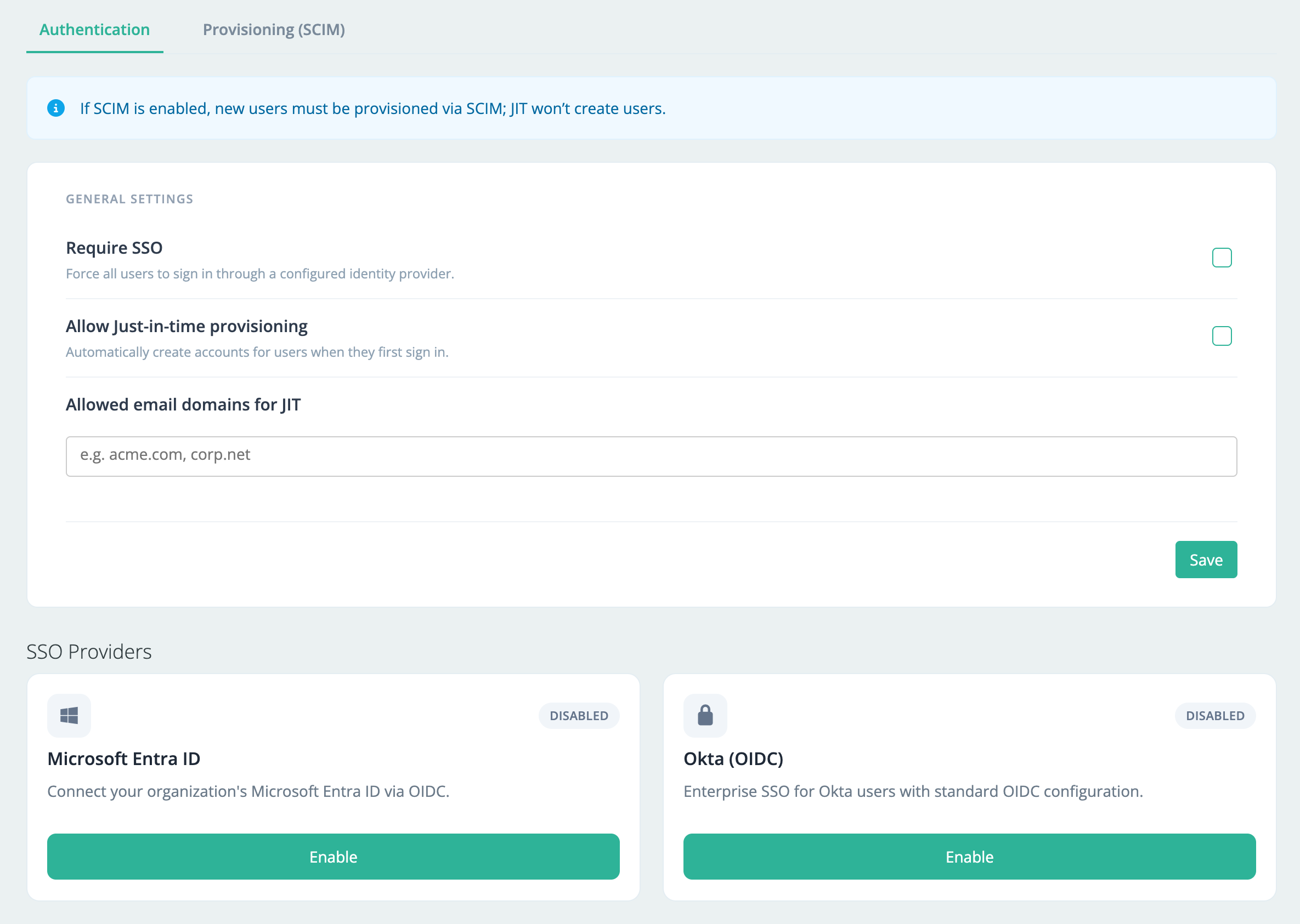 Temponia security settings for SSO, JIT provisioning, and SCIM