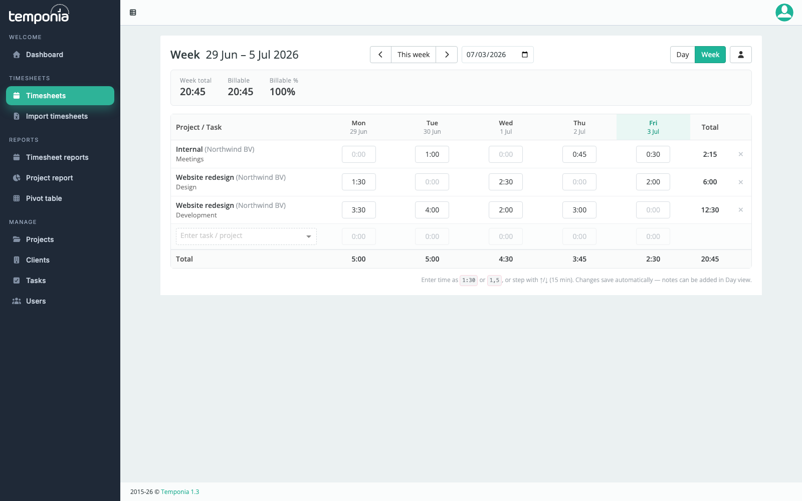 The Temponia week view showing a filled-in week of timesheets with totals per day